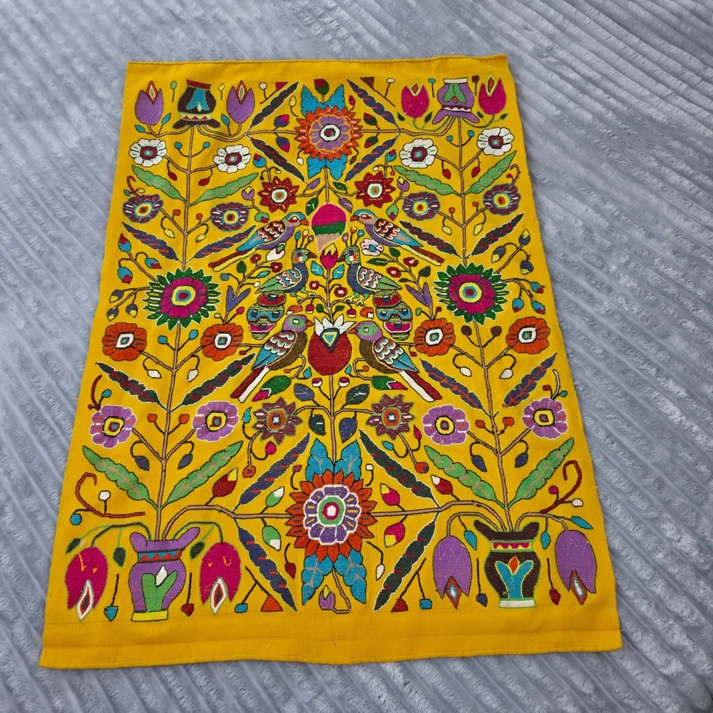 Vintage Mexican Otomi Tenango Hand Embroidered Floral Bird Textile Yellow 43x26